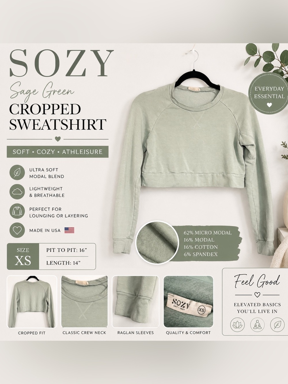 SOZY Soft and Cozy Sage Green Cropped Sweatshirt - Size XS